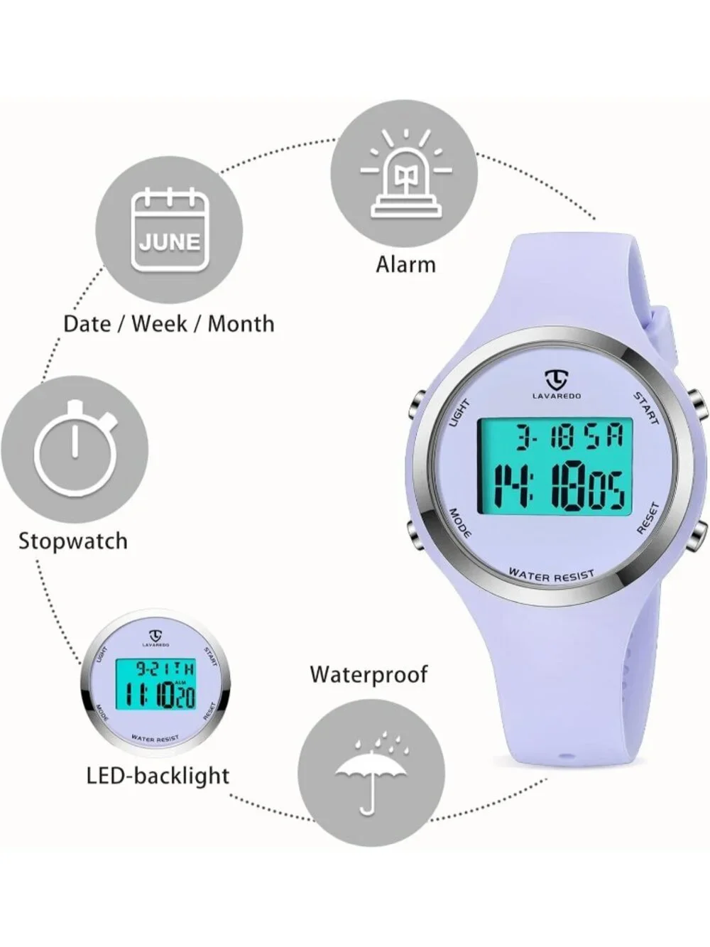 Women All Light Purple Quartz Chronograph Waterproof Outdoor Sport Digital Watch